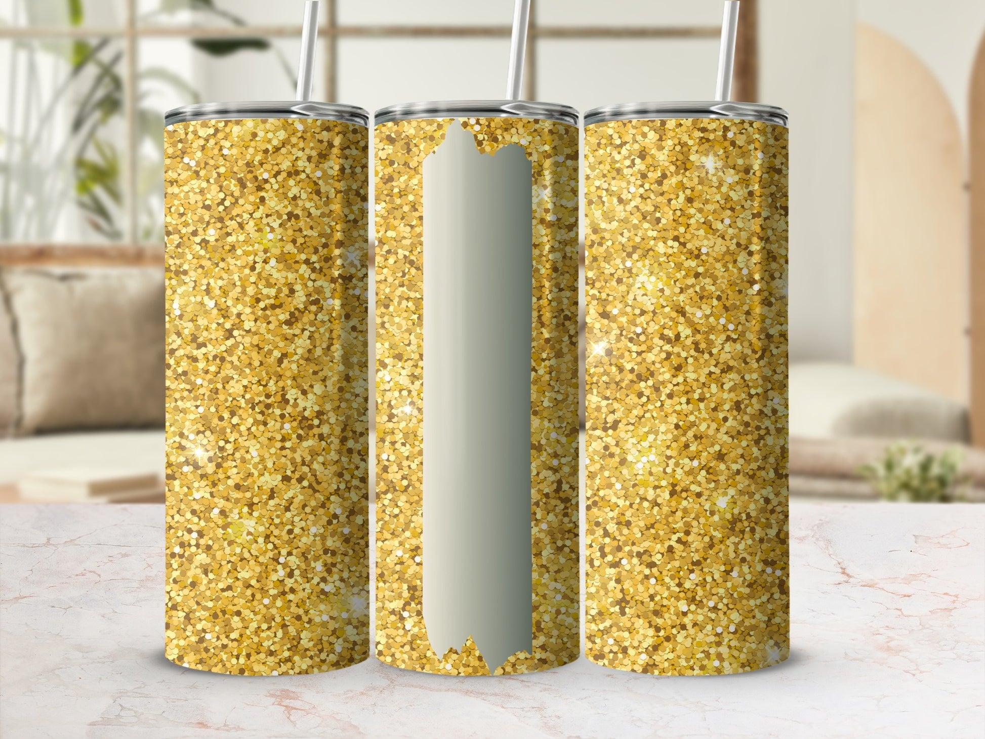 Three glitter-covered tumblers with straw, one featuring a blank cream-colored panel.
