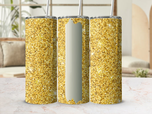 Three glitter-covered tumblers with straw, one featuring a blank cream-colored panel.