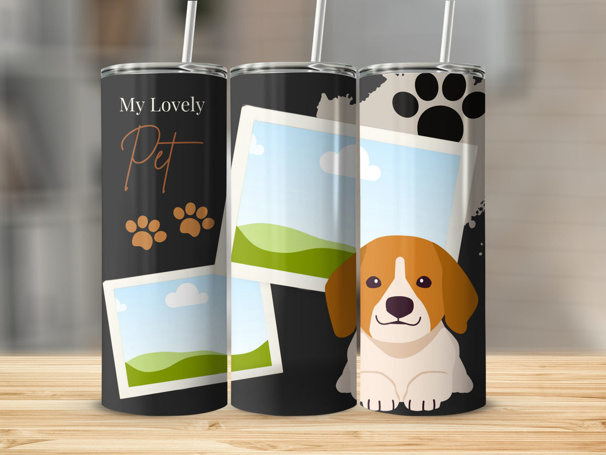 Tumblers with dog paw prints and cartoon dog, "My Lovely Pet" text.