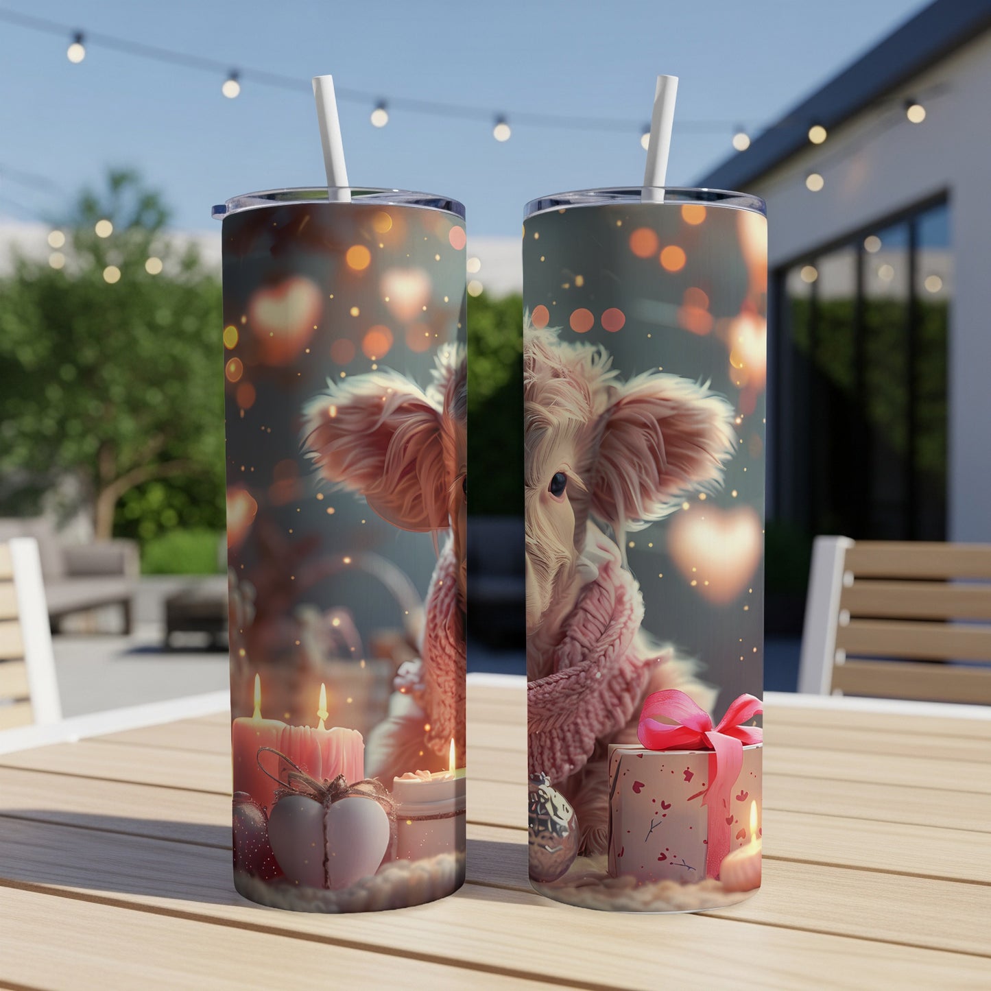 Cow design with hearts and festive decorations on two tumblers.