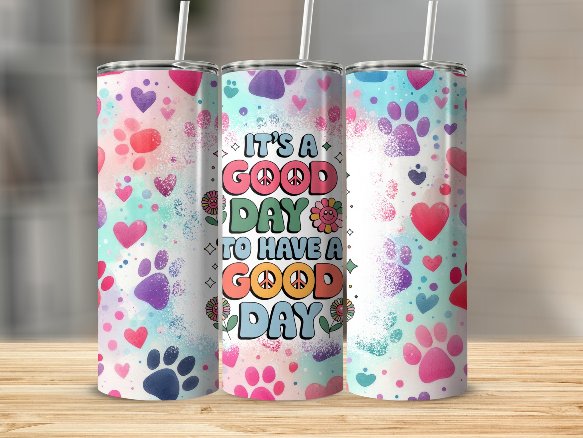 Colorful Hearts and Paws It's A Good Day Tumbler