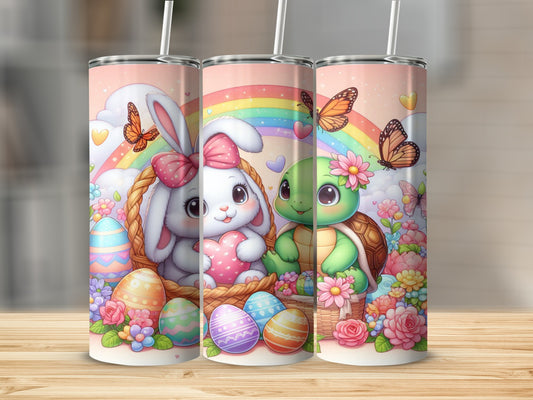 Easter bunny and turtle with colorful eggs and rainbow on a pink tumbler.