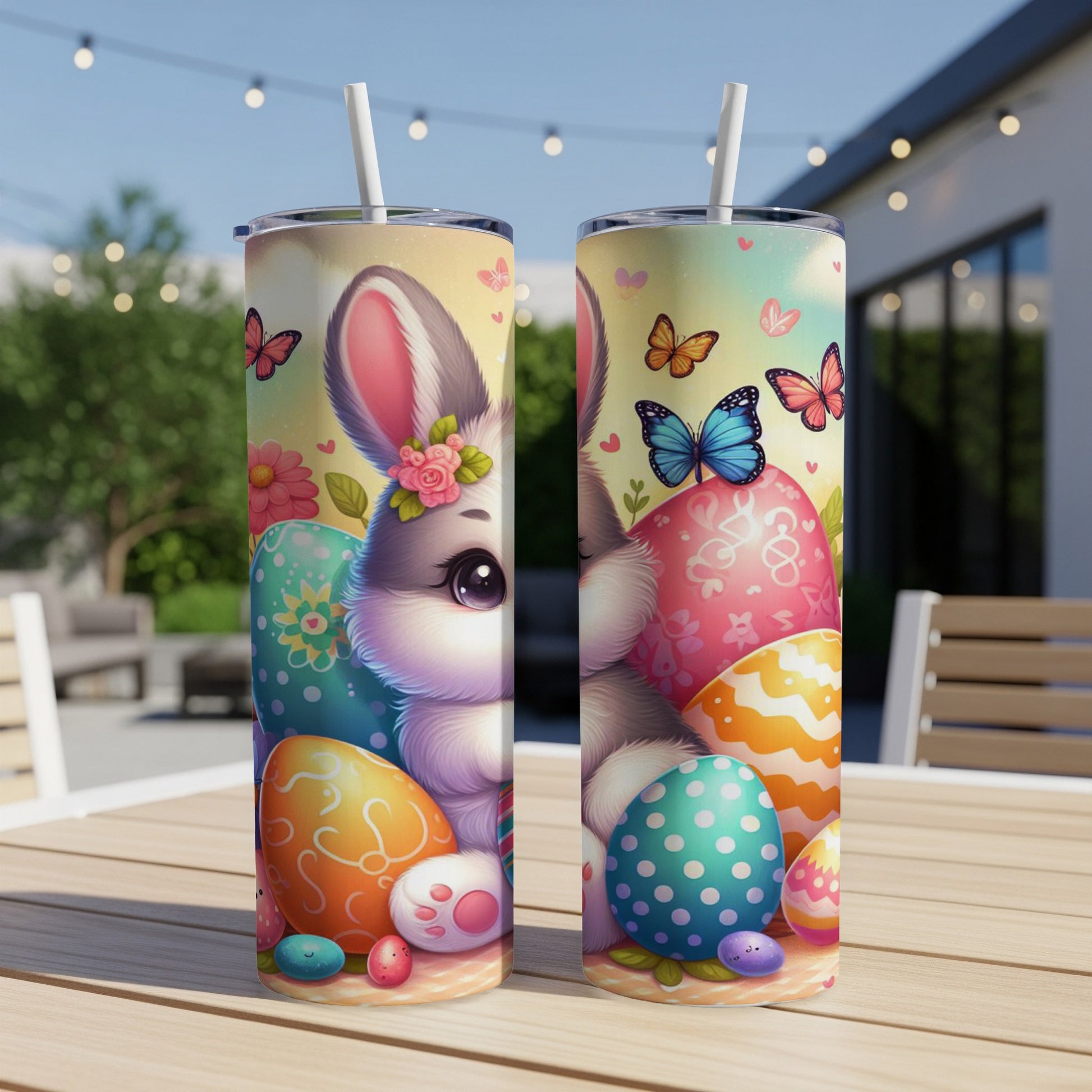 Easter bunny with colorful eggs and butterflies on a tumbler.