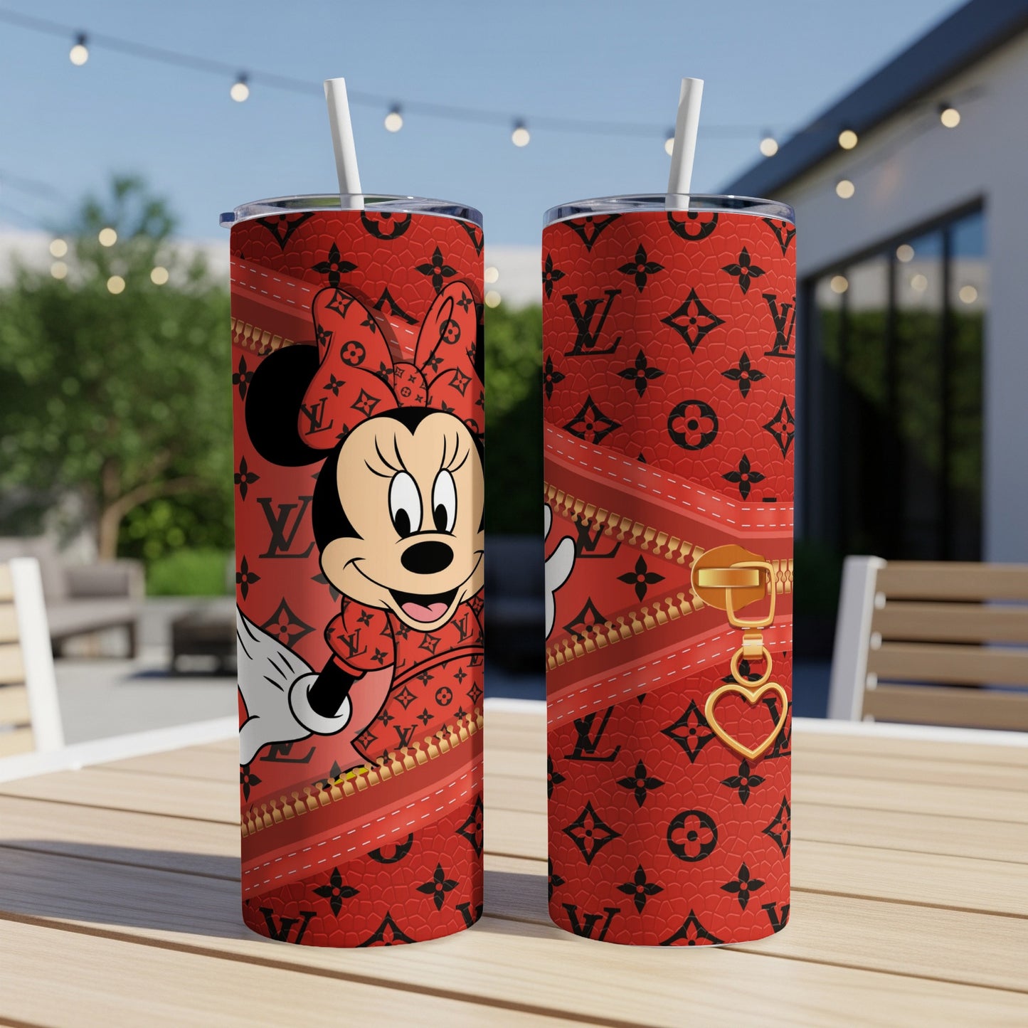 Minnie Mouse in a patterned red dress and bow on a red tumbler.