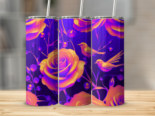 Three tumblers with vibrant floral and bird designs.
