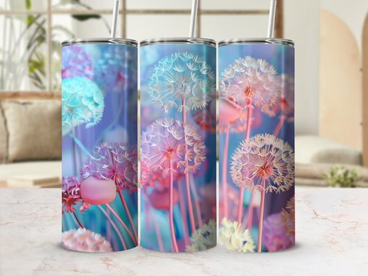 Three tumblers with a pink and blue dandelion fluff design.