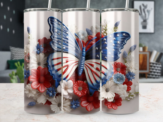 Butterfly tumbler with patriotic floral design.