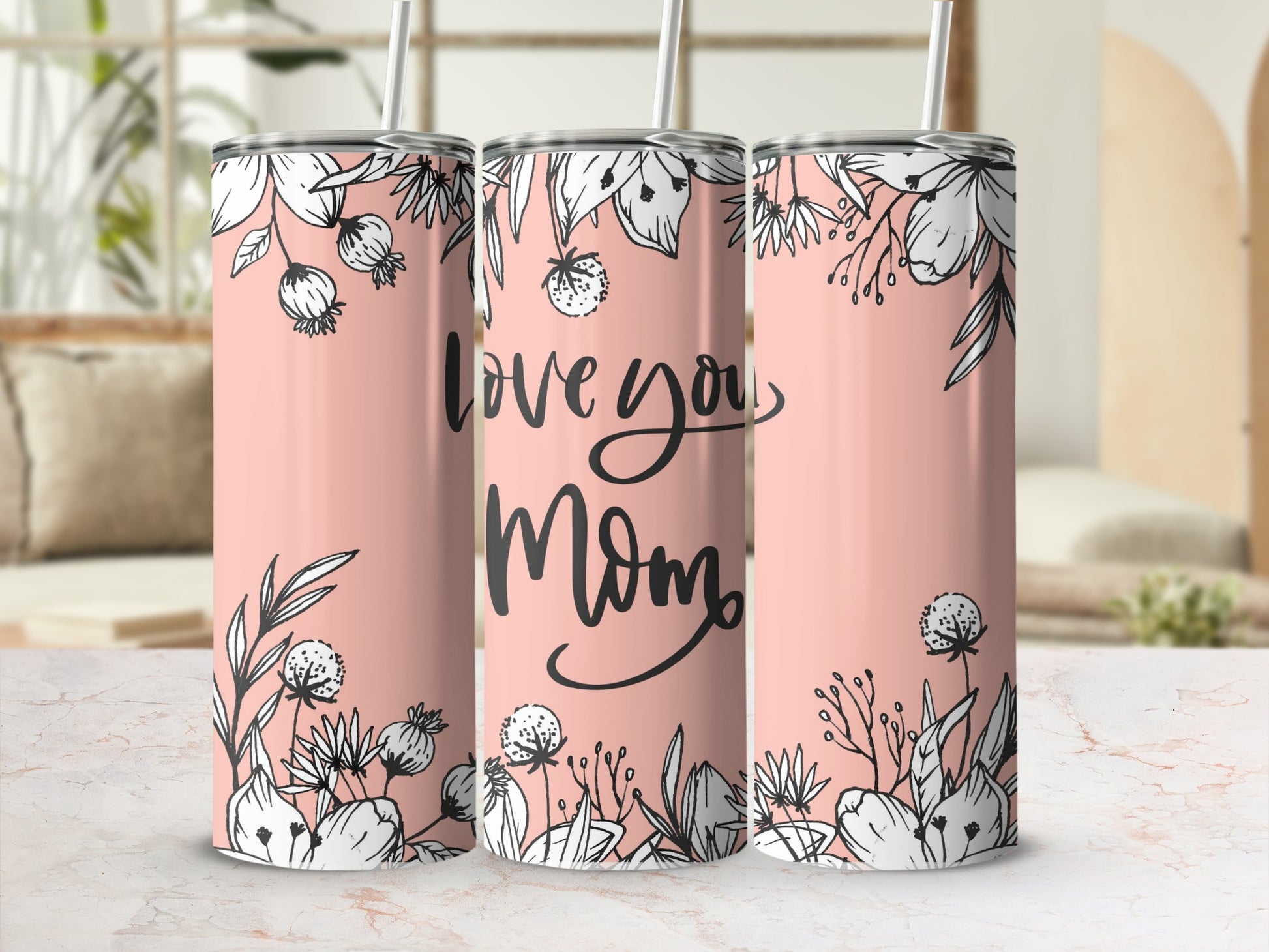 Love You Mom Floral Design Tumbler with Straw