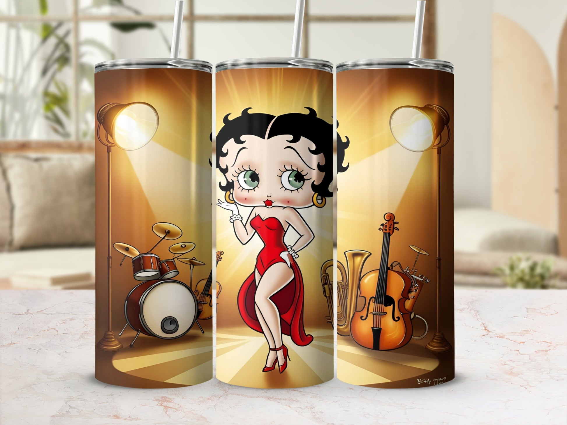 Betty Boop in red dress with spotlight and musical instruments.