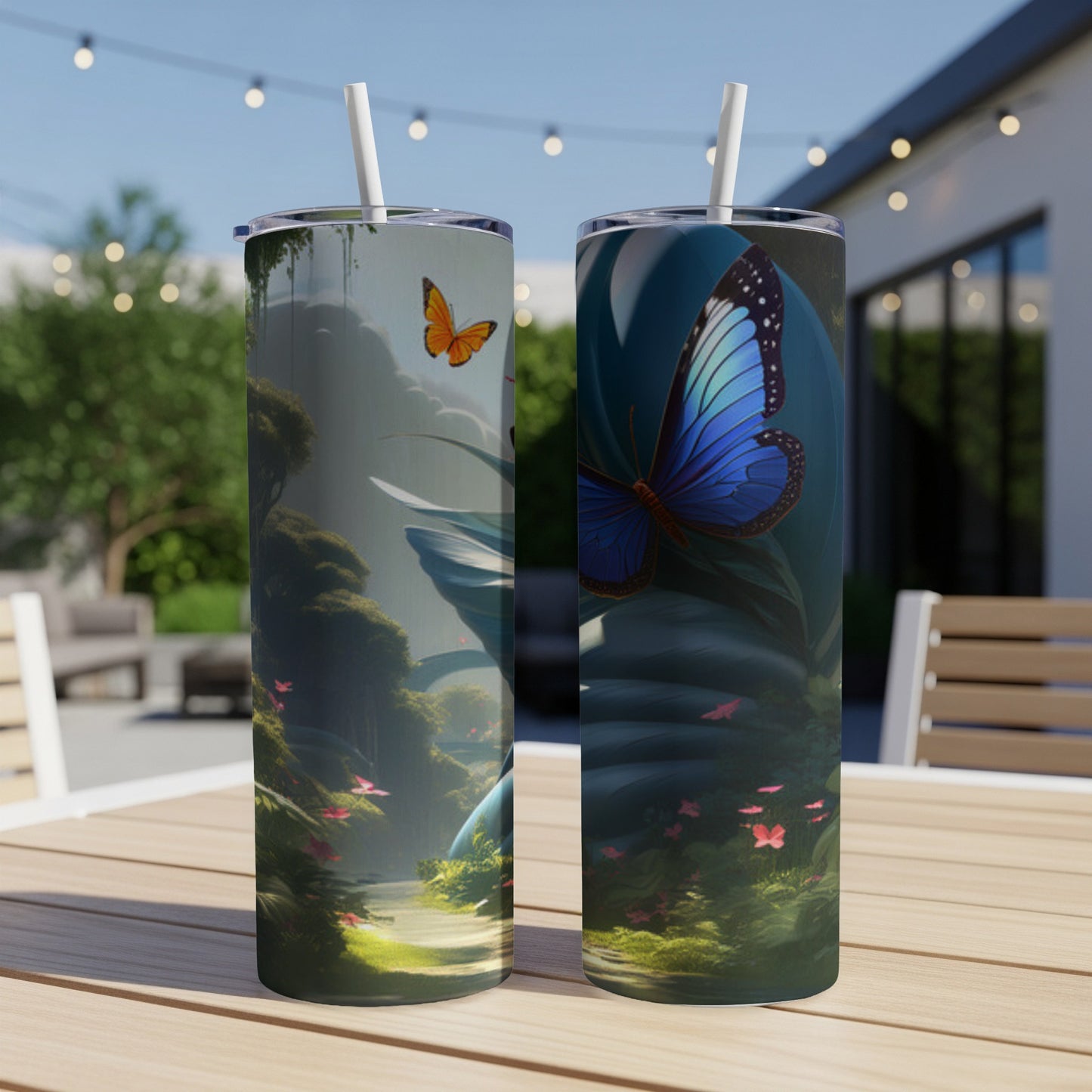 Two tumblers with blue and orange butterflies against a jungle backdrop.