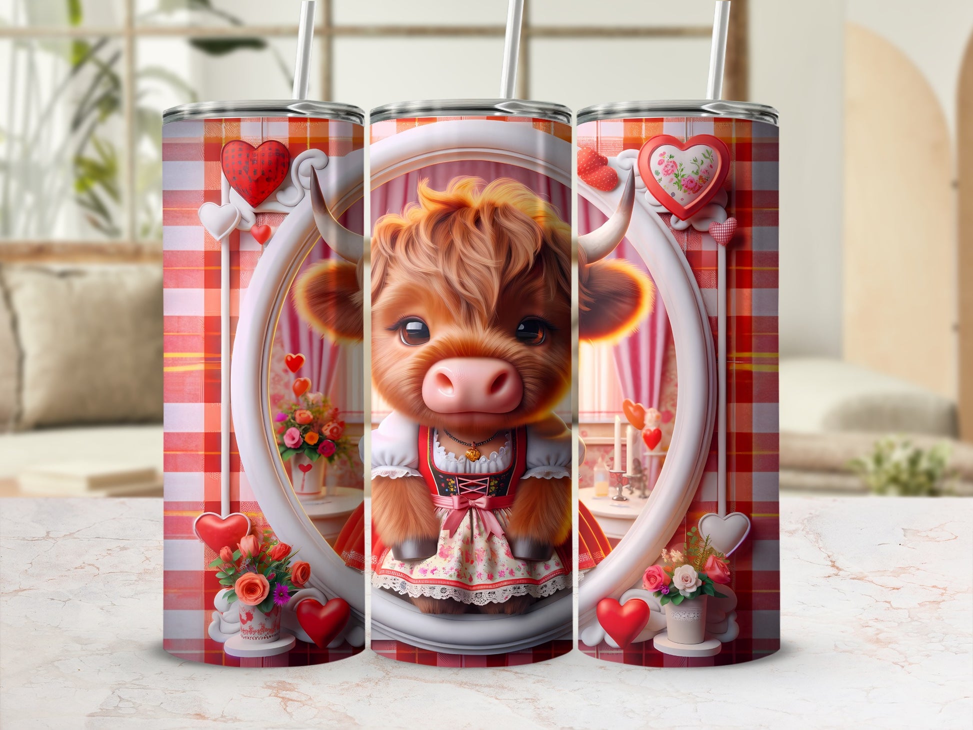 Cute cow with hearts and gingham pattern on a tumbler.
