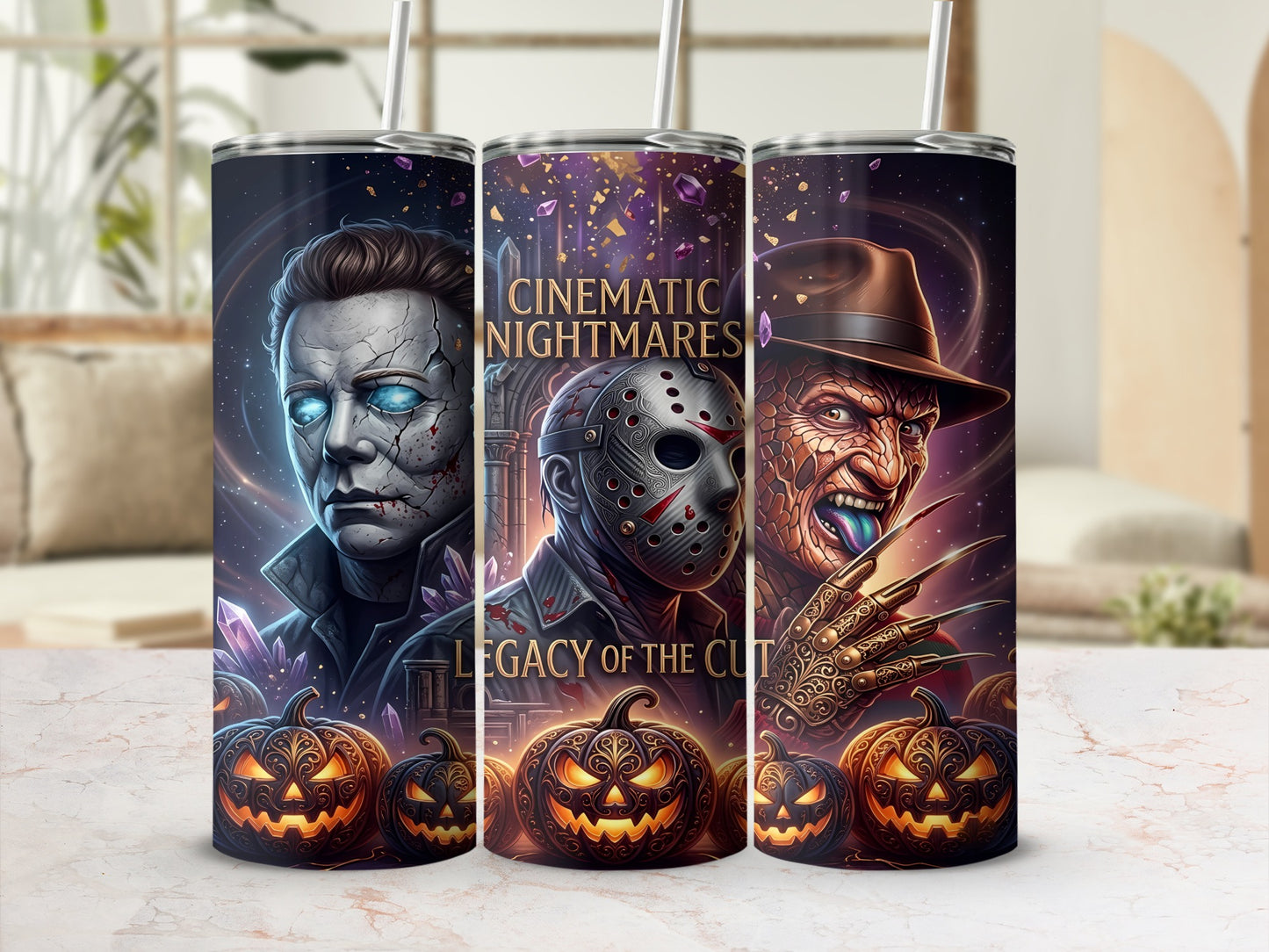 Three tumblers feature horror icons Michael Myers, Jason Voorhees, and Freddy Krueger with "Cinematic Nightmares Legacy of the Cut".