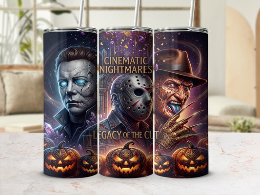 Three tumblers feature horror icons Michael Myers, Jason Voorhees, and Freddy Krueger with "Cinematic Nightmares Legacy of the Cut".