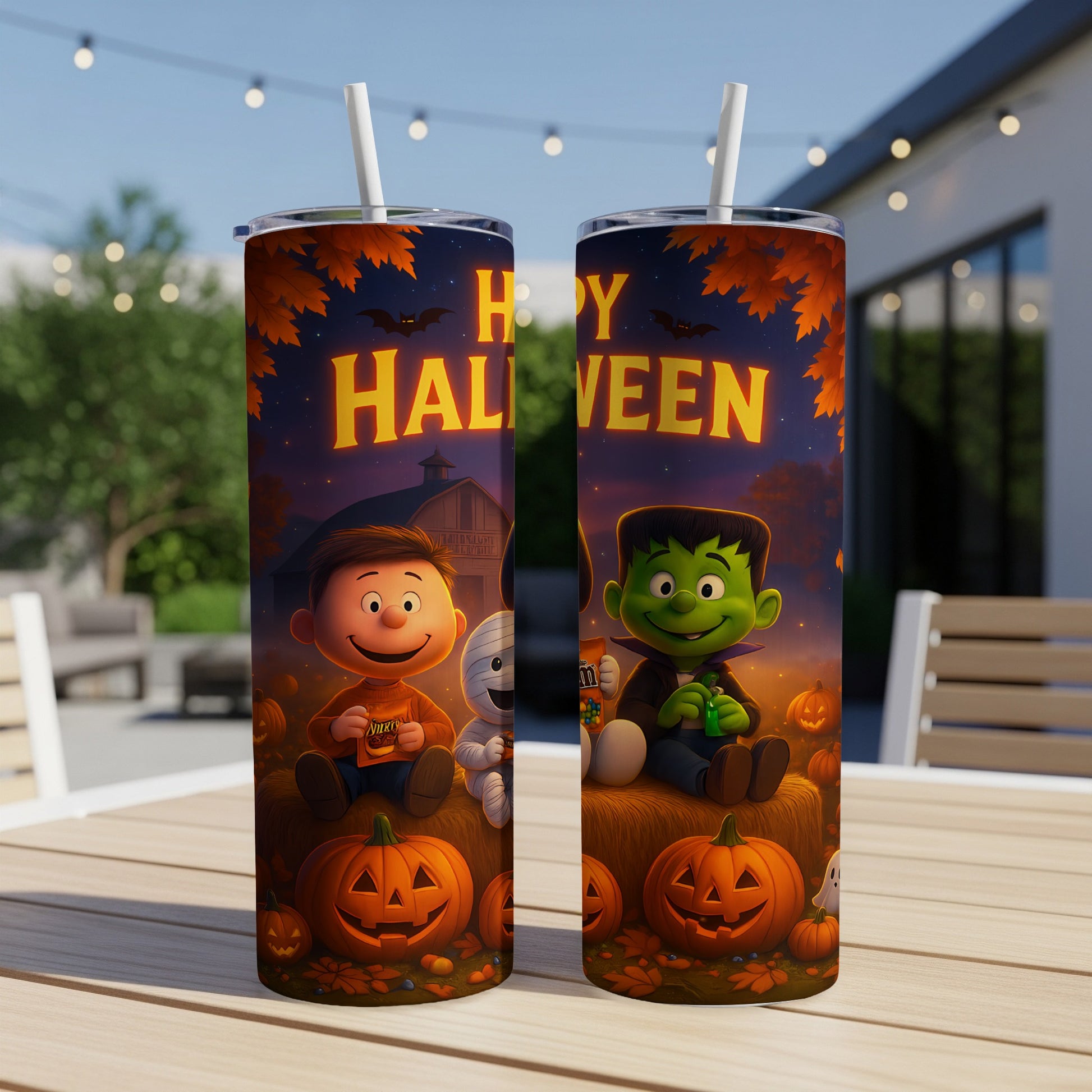 Two tumblers with Halloween characters, pumpkins, and text "Happy Halloween".