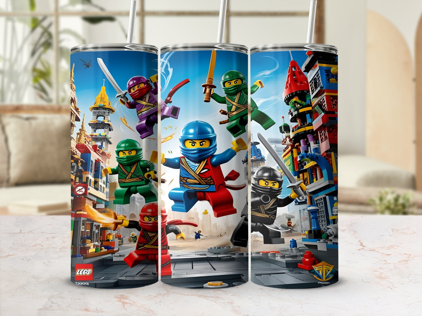 Ninjago characters with Lego bricks, shown on three tumblers.