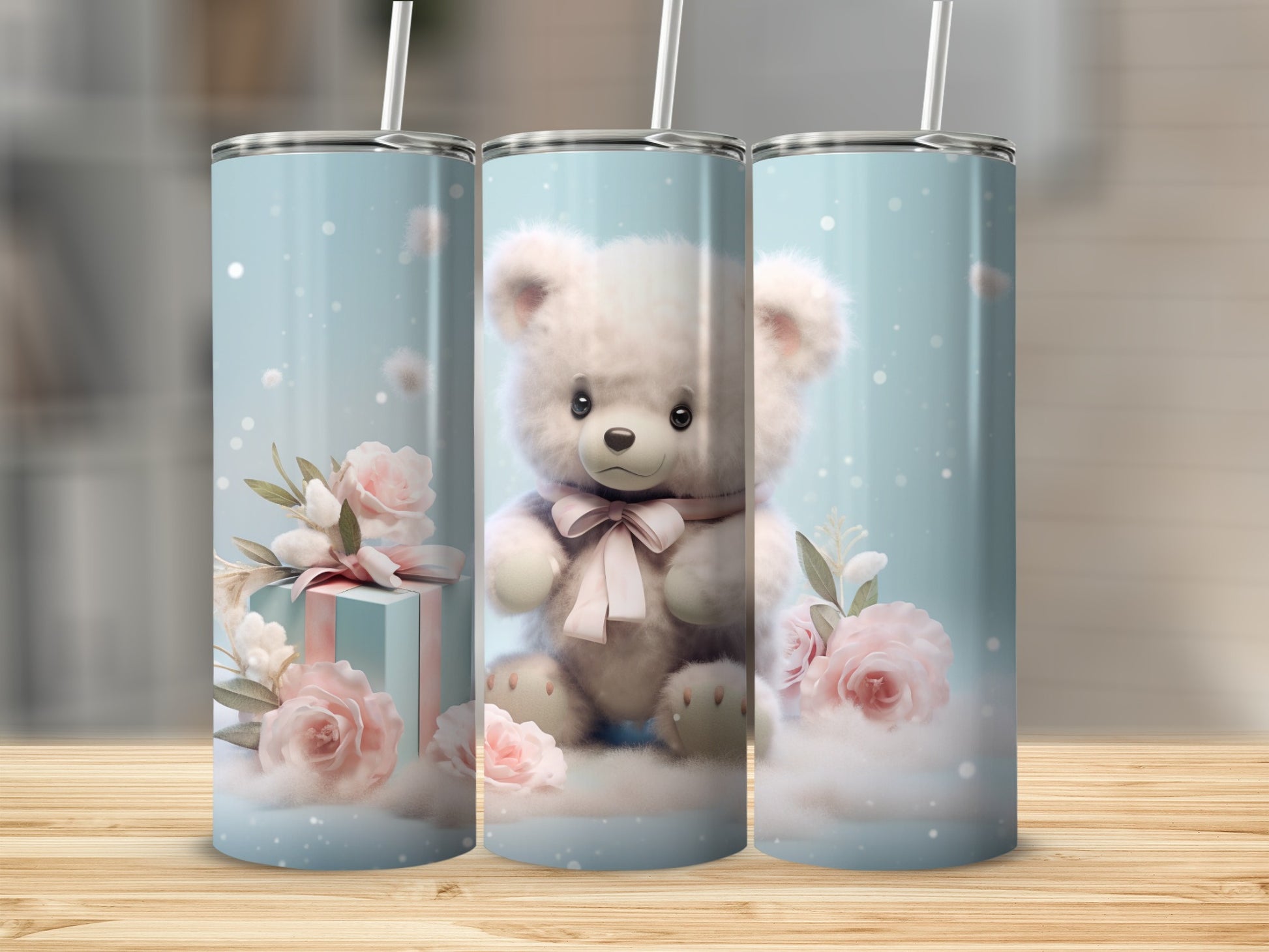 Sweet White Teddy Bear Pink Roses Gift Box Clouds Tumbler product type