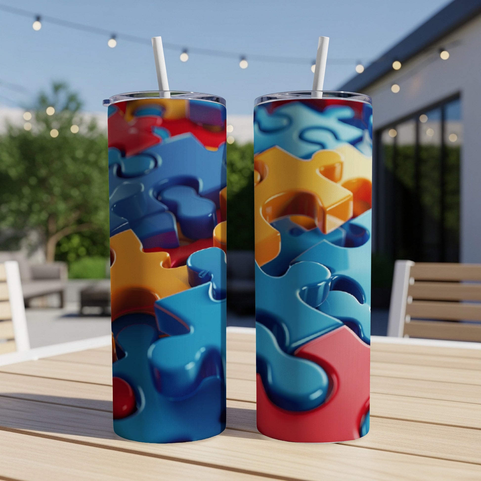 Two blue and red puzzle piece tumblers with straws on a table.