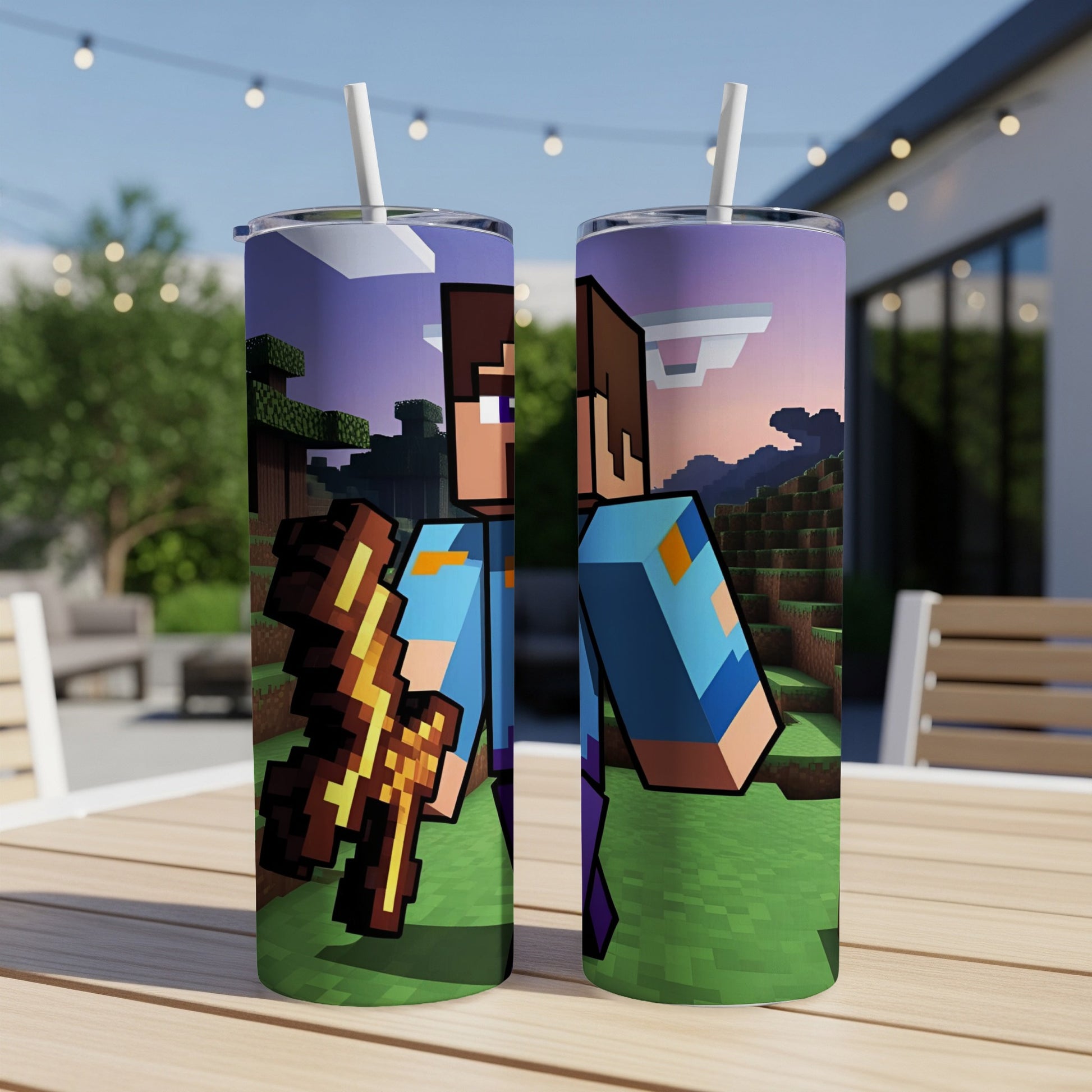 Minecraft character Steve holding a golden sword on a tumbler.