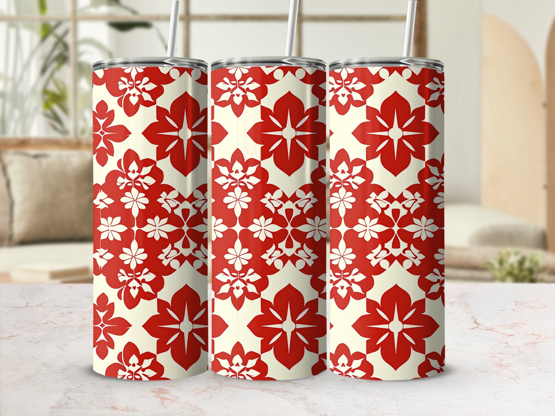 Red White Flower Pattern Tumbler with Straw Flask