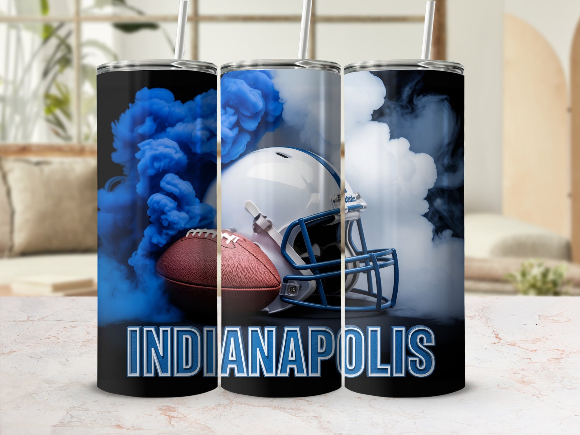 Indianapolis Colts football helmet and ball with blue smoke.