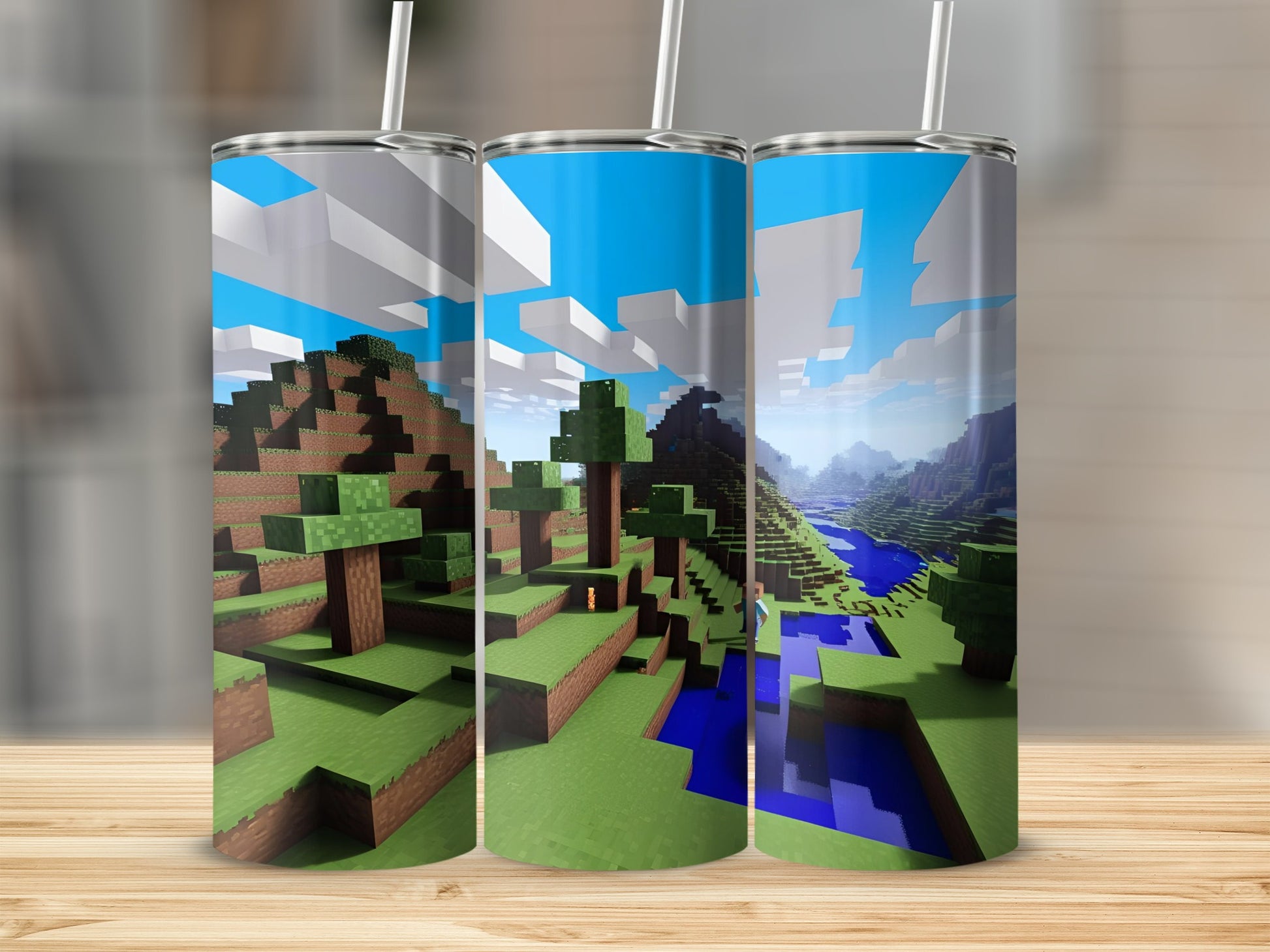 Minecraft-themed tumbler with pixelated landscape and blue river.