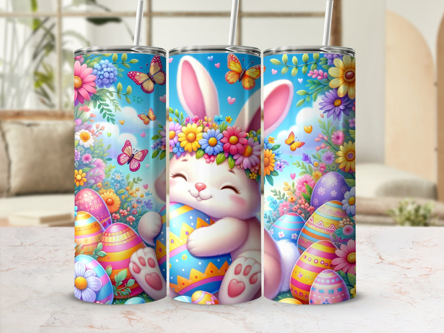 Kawaii bunny hugs Easter egg surrounded by flowers and butterflies.