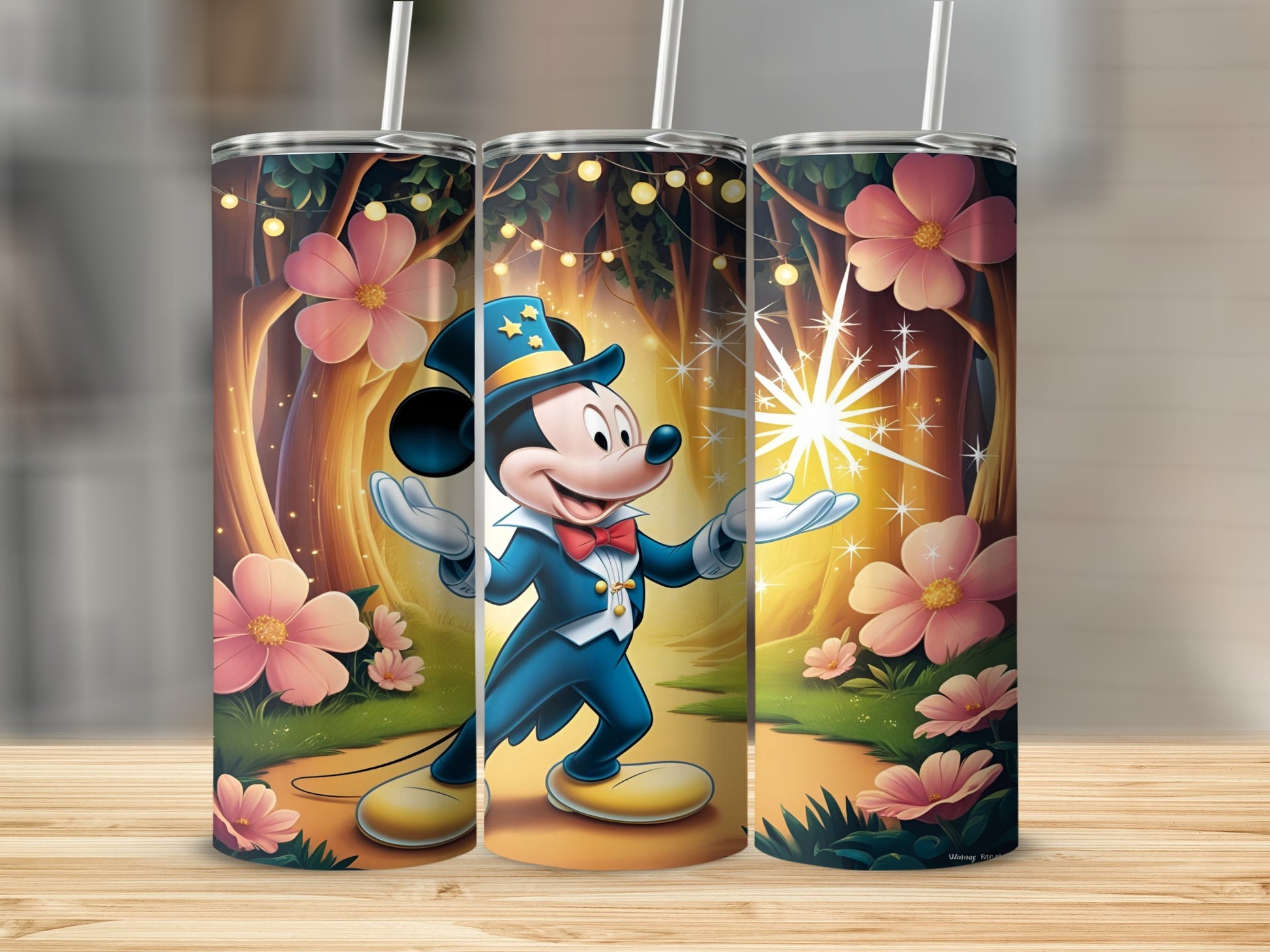 Mickey Mouse in a magician's suit with flowers and forest background.