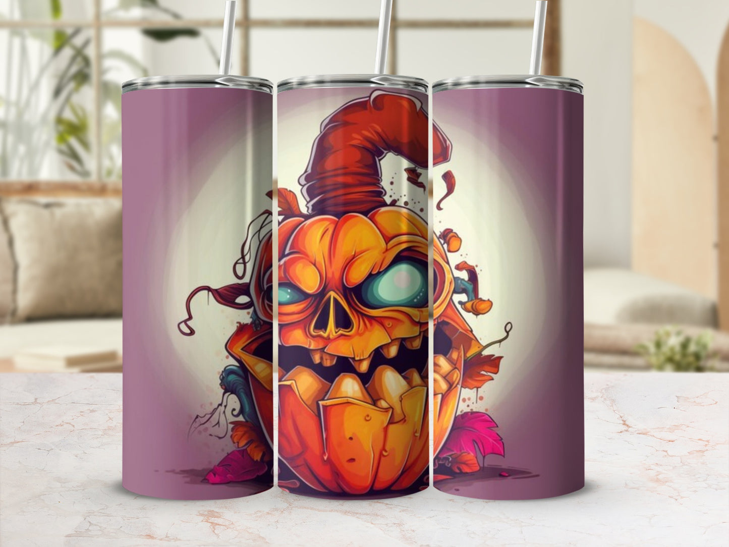 Tumbler with a carved jack-o-lantern skull, straw, and purple background.