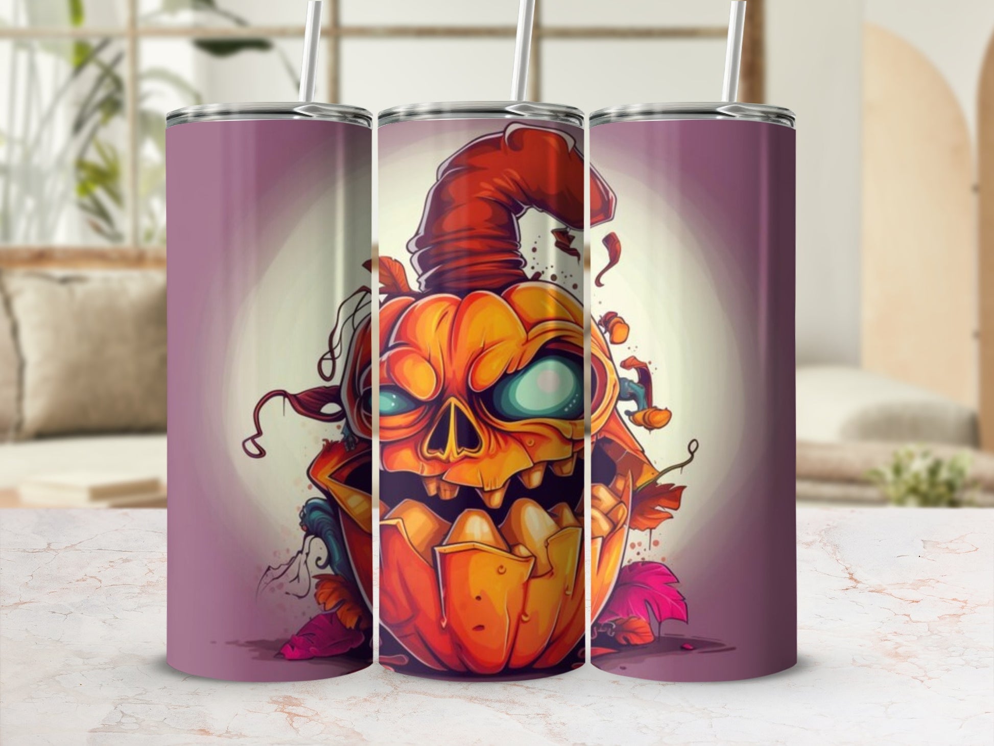 Tumbler with a carved jack-o-lantern skull, straw, and purple background.