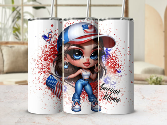 Tumbler featuring a cartoon girl in patriotic attire, holding an American flag.