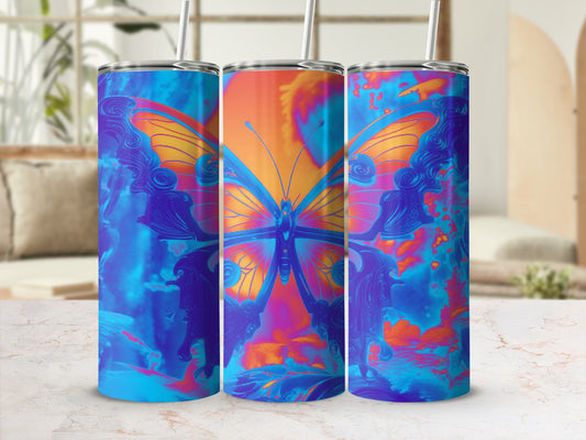 Three blue and orange gradient tumblers featuring a large butterfly design.