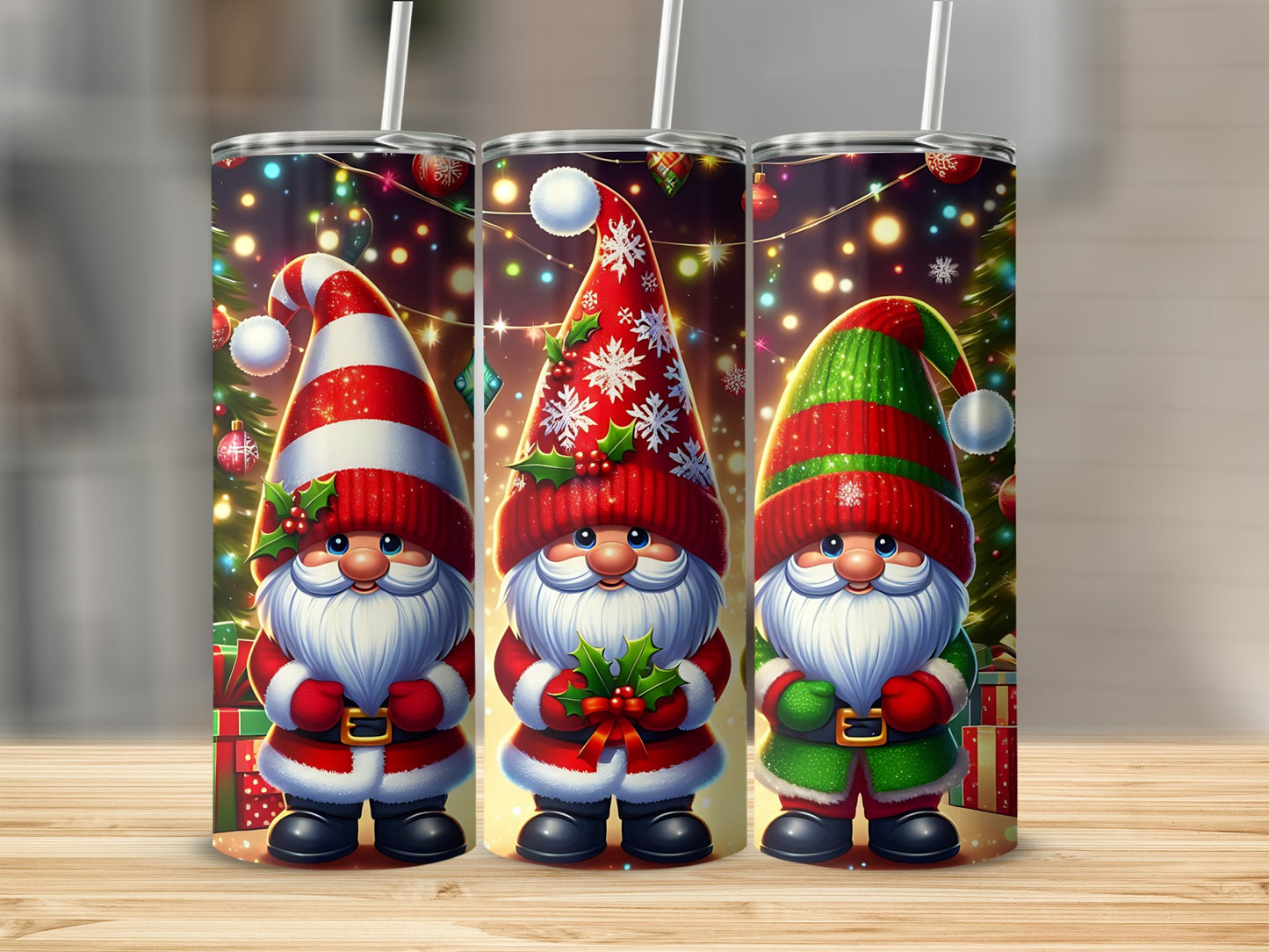 Three smiling gnomes in festive hats and outfits, holding holly sprigs.