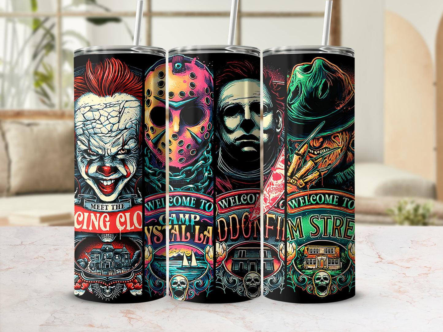 Three horror movie villains on tumblers: Pennywise, Jason Voorhees, and Freddy Krueger.