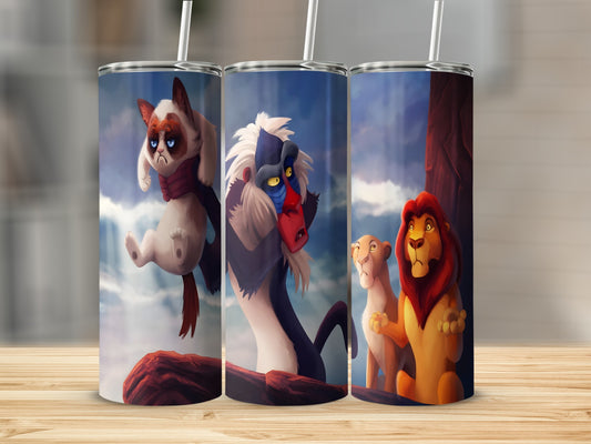 Grumpy Cat, Rafiki, and Simba from The Lion King on a tumbler.