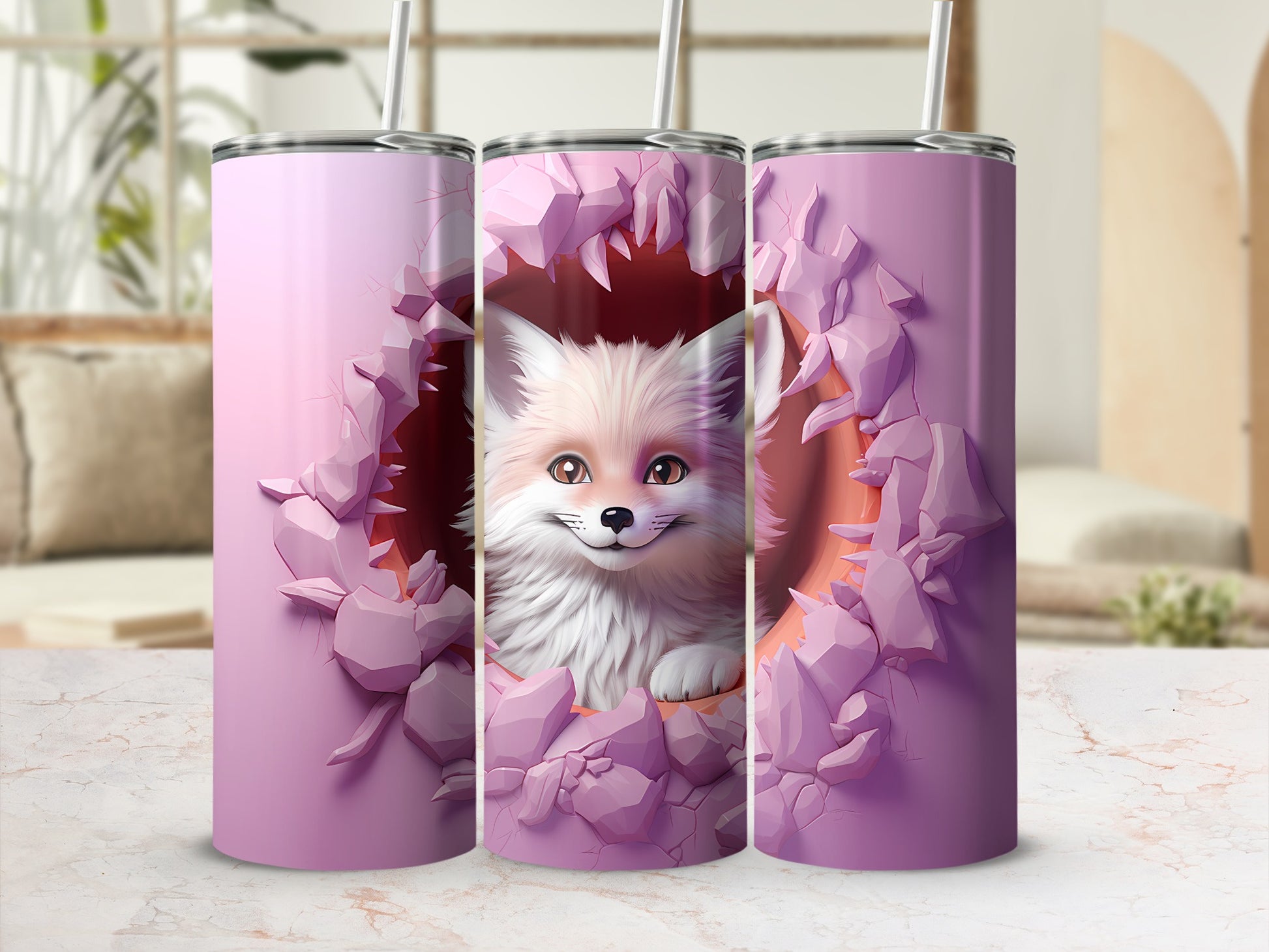 Adorable Fox Print Tumbler with 3D Crack Effect Design