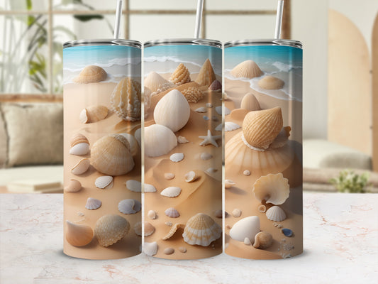 Three tumblers with seashell and beach sand design.