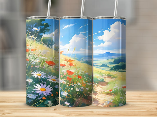 Three tumblers displaying a sunny landscape with wildflowers and a distant mountain.