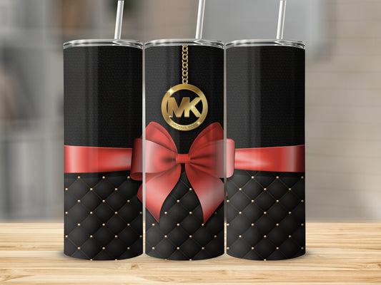 Elegant Black Red Ribbon Tall Tumbler with Gold Logo