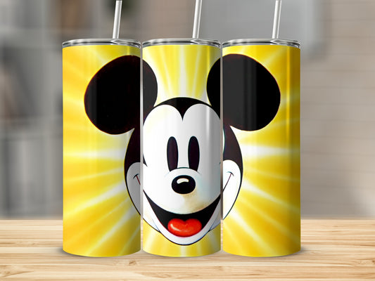 Mickey Mouse face with radiating yellow background on three tumblers.