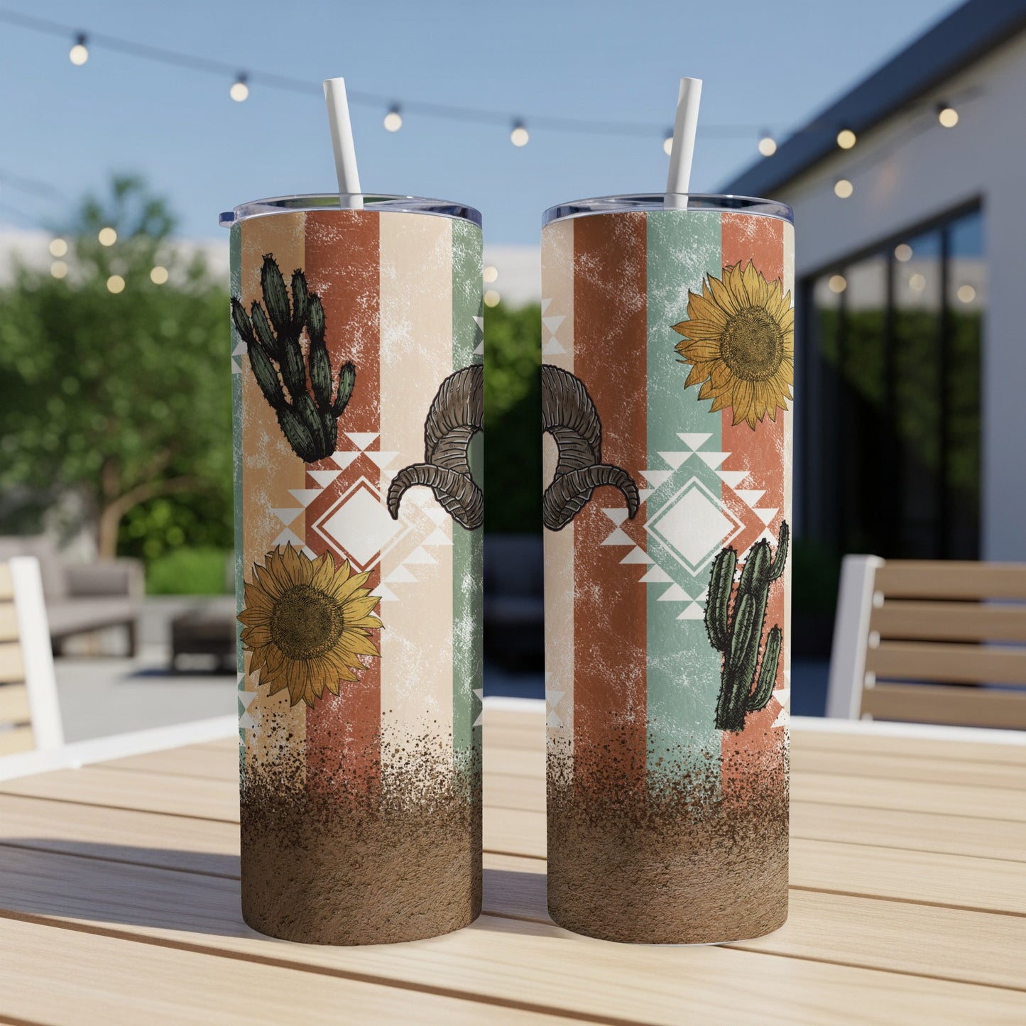 Two tall tumblers with desert motifs on a table.