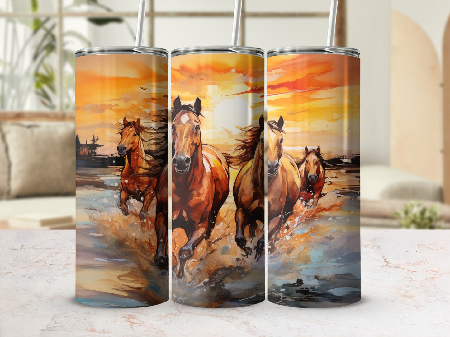 Three horses run through water at sunset, with colorful sky.