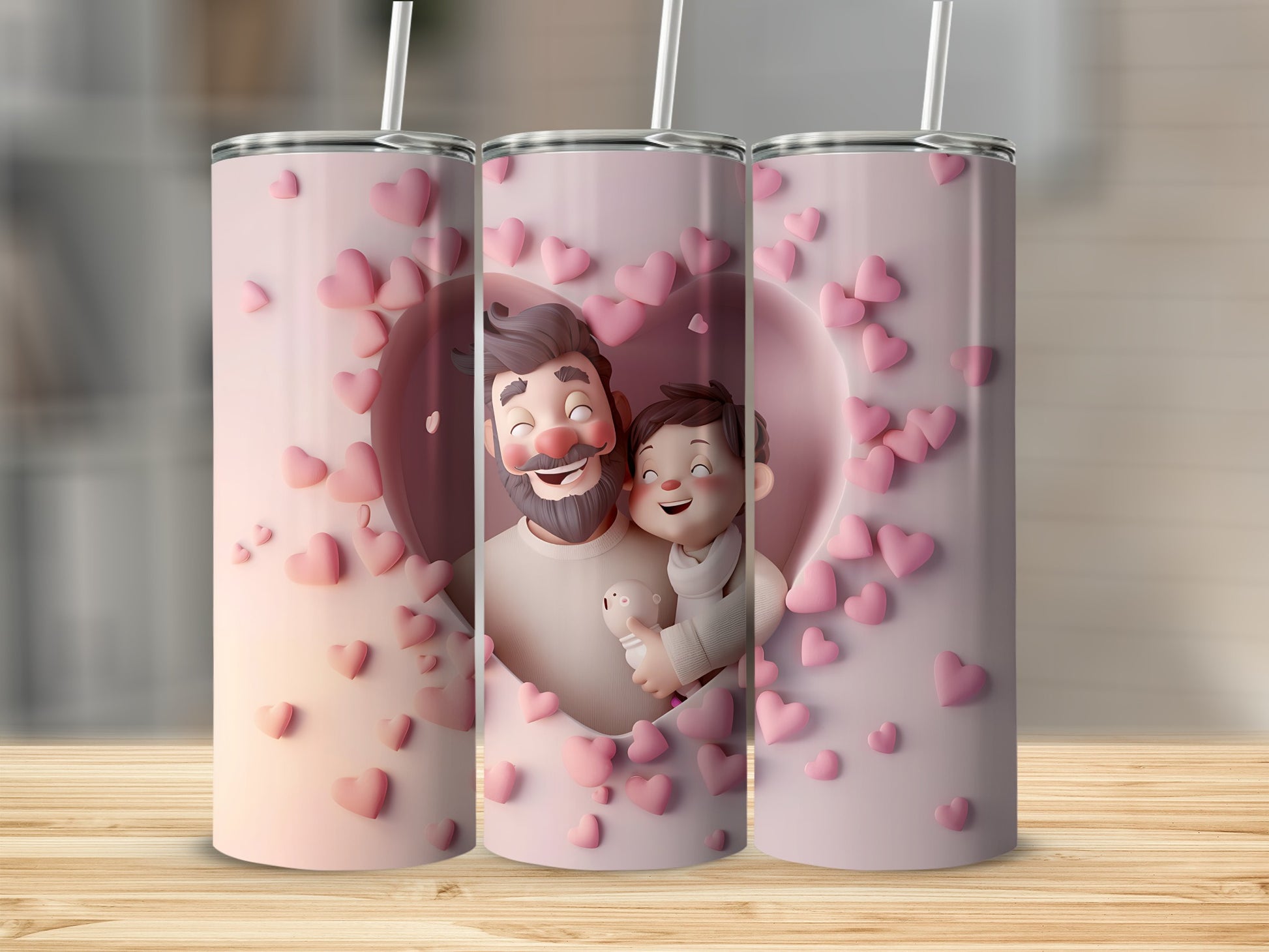 Father and son in heart frame on a pink speckled tumbler.