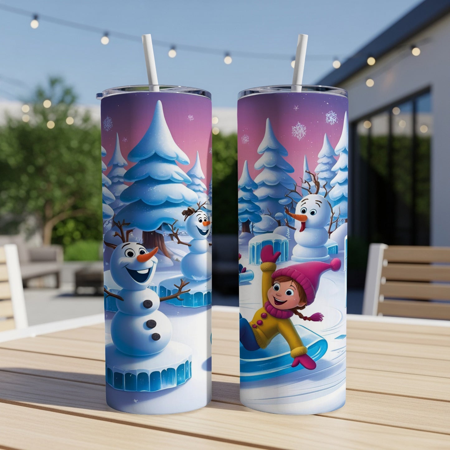 Two tumblers with "Frozen" characters Olaf and a girl on a sled.