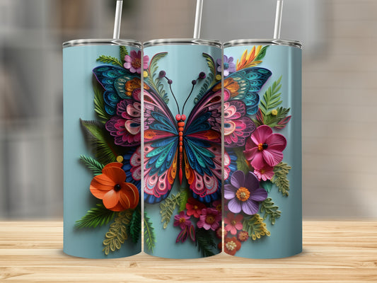 Three tumblers featuring a colorful butterfly and floral design.