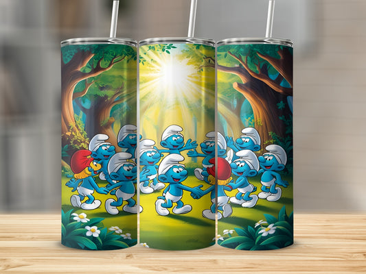 Smurfs dancing in a sunny forest clearing.