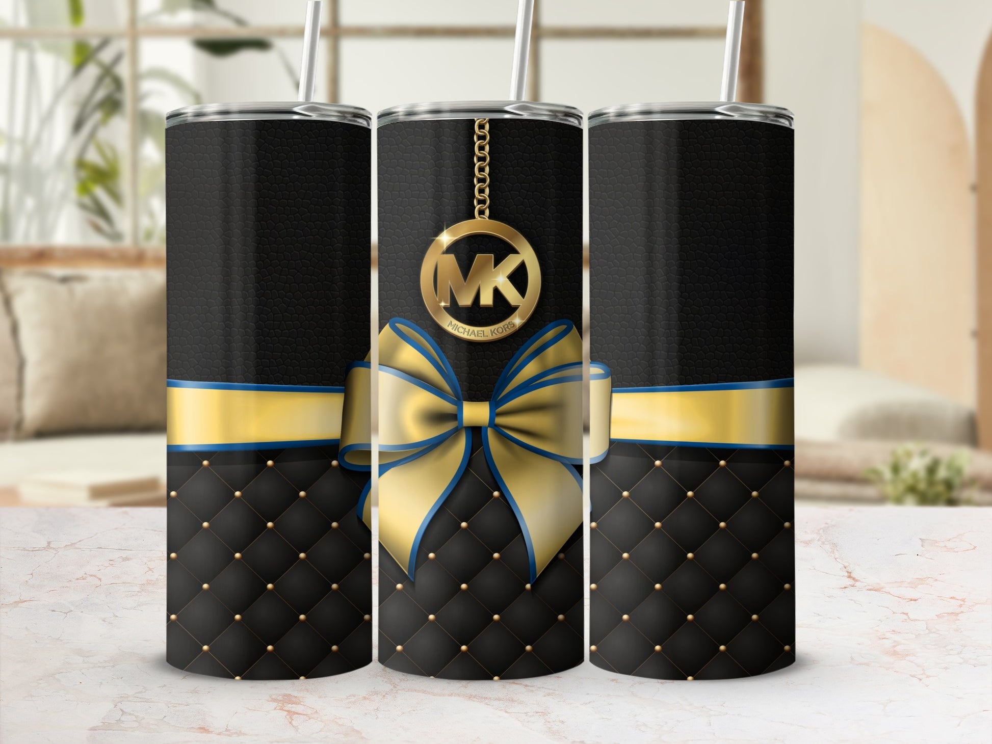 Black and Gold Tumbler with Blue Bow Design