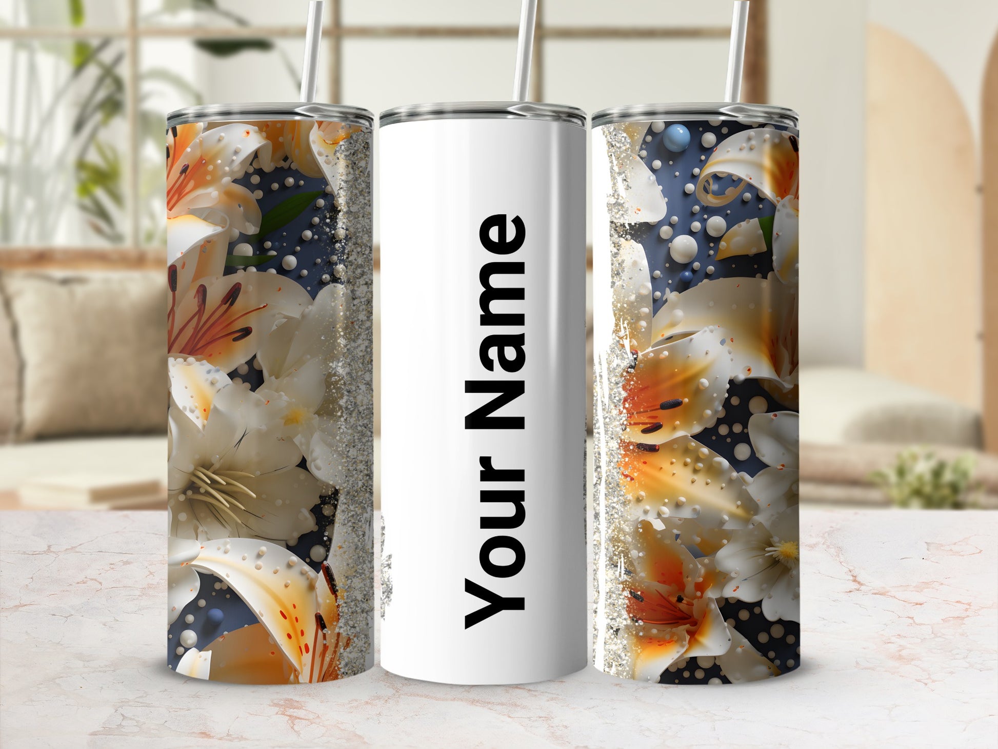 Customizable Floral Print Insulated Tumbler Cup 20oz