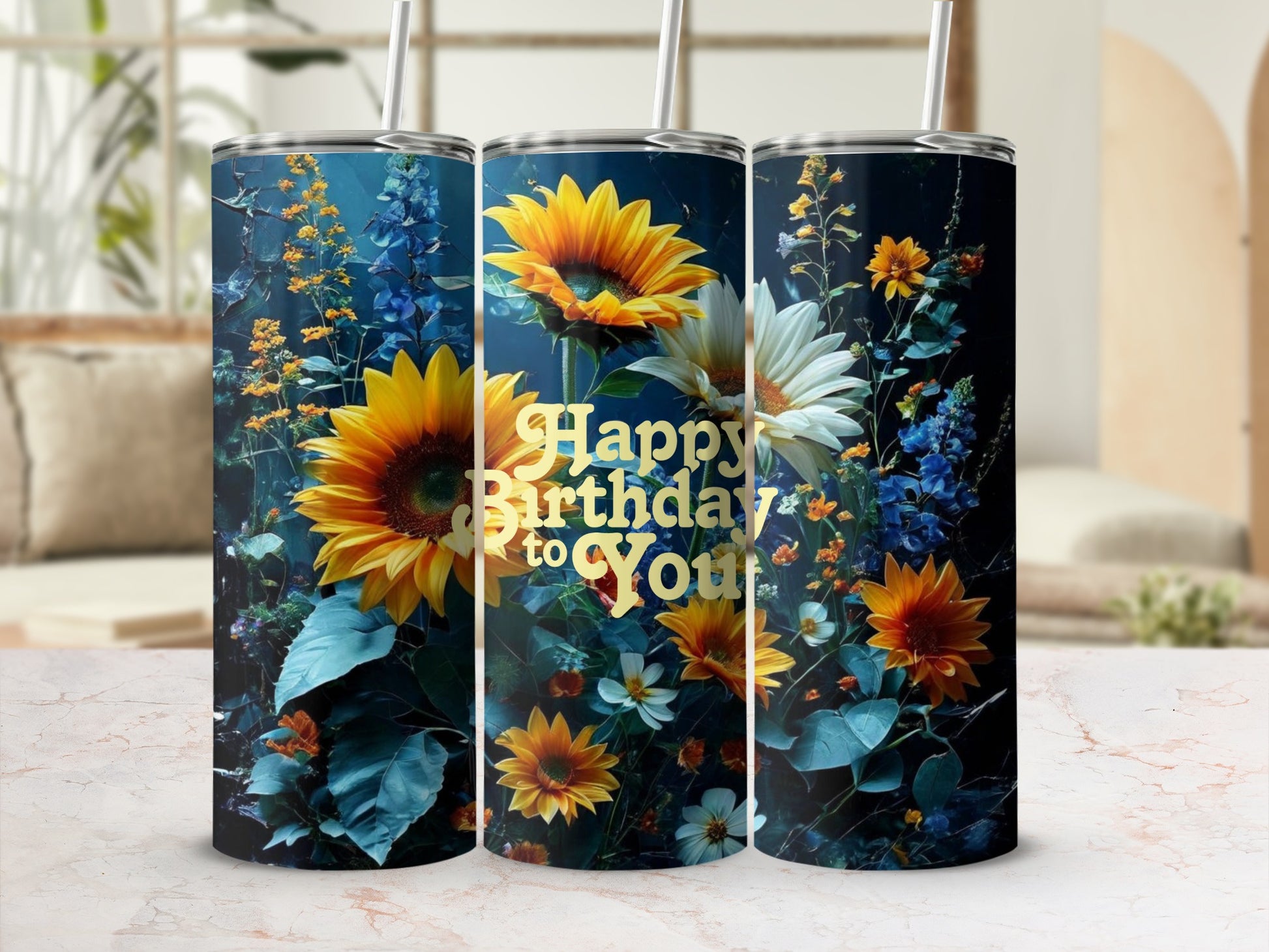 Sunflower and floral design on a tumbler, reads "Happy Birthday to You".