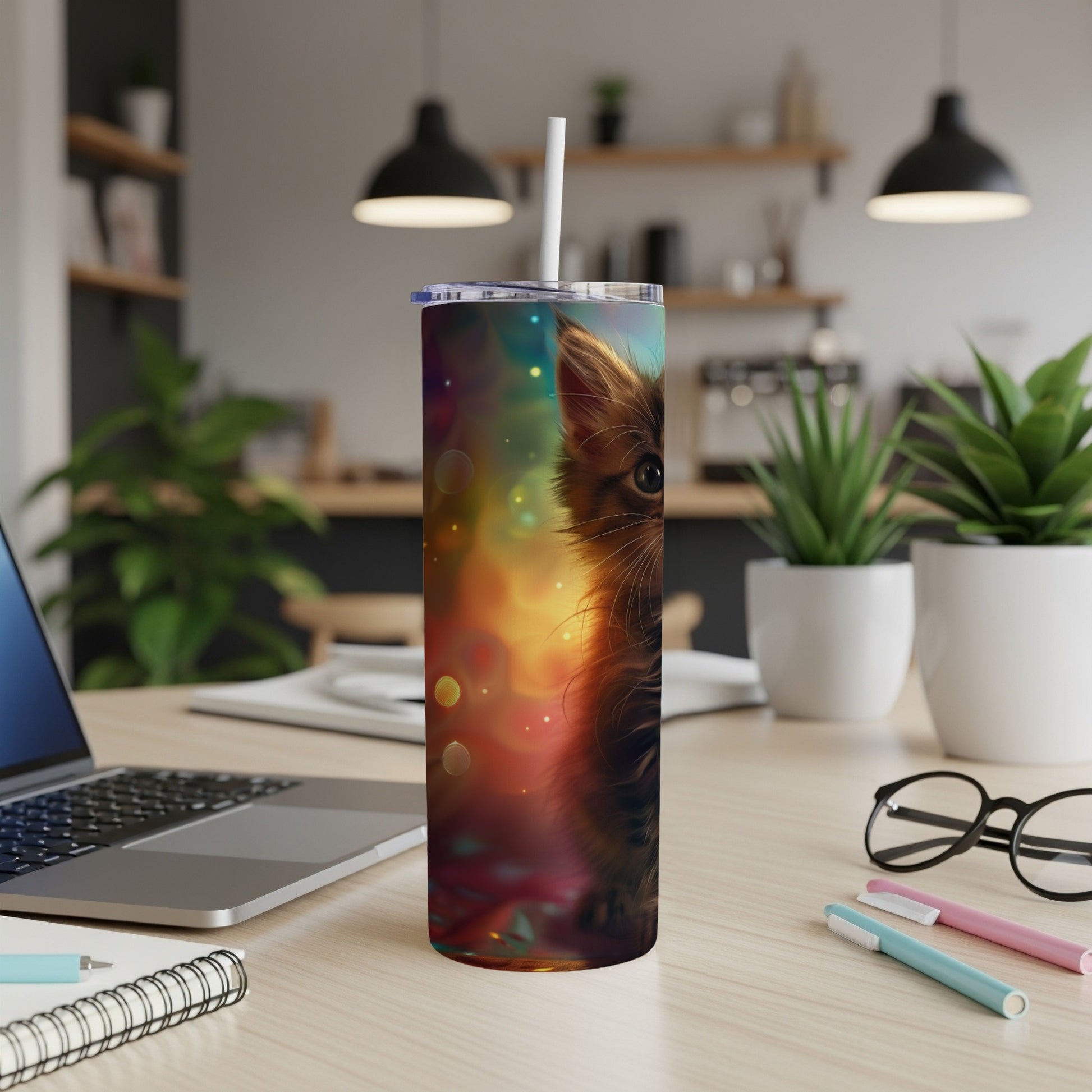 A tumbler featuring a close-up of a kitten's face against a colorful, abstract background.