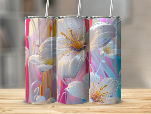 Three white floral tumblers with colorful abstract background on a wooden surface.